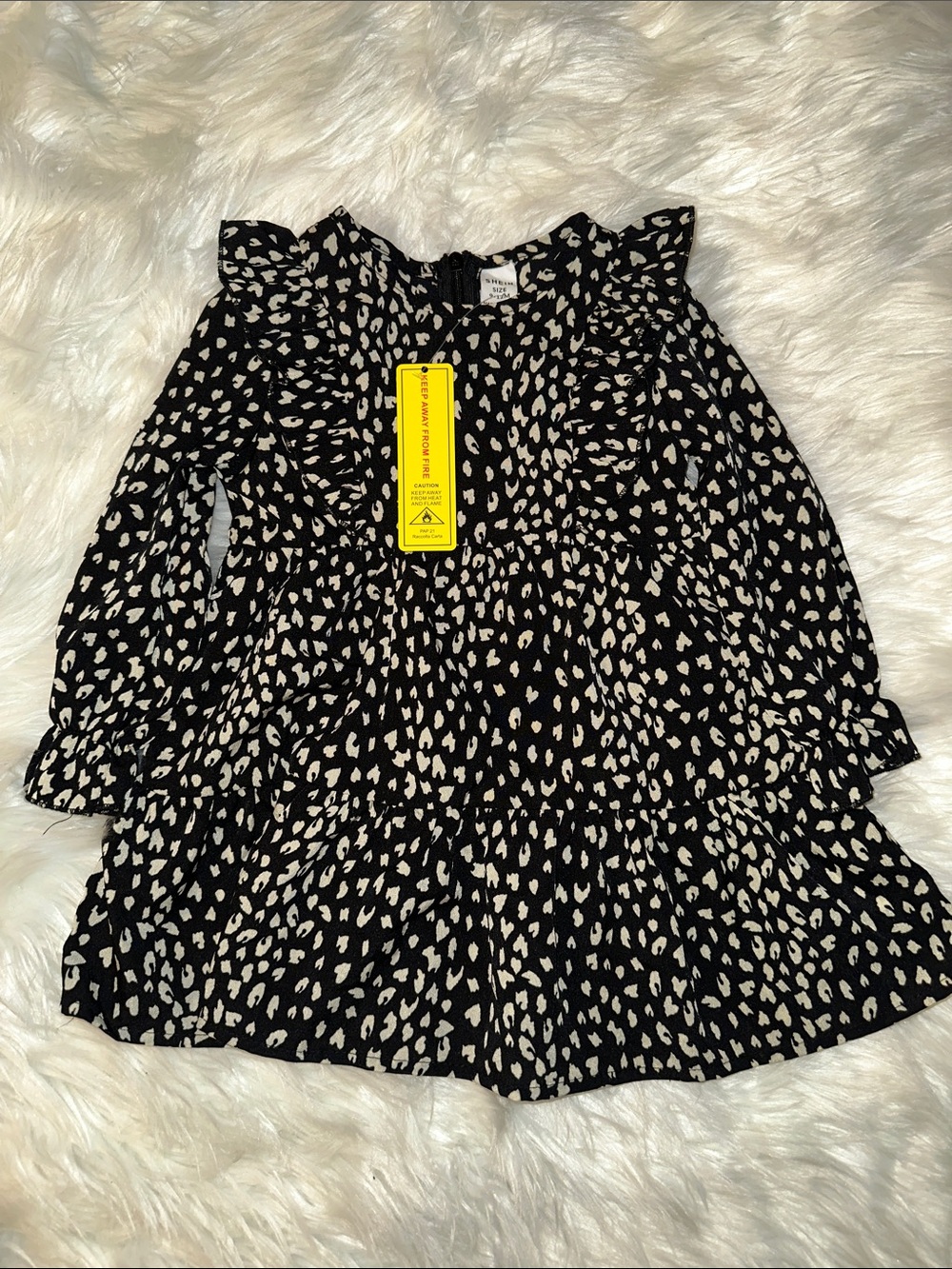 Toddler Girls' Black & Cream Printed Ruffle Long-Sleeve Dress Top